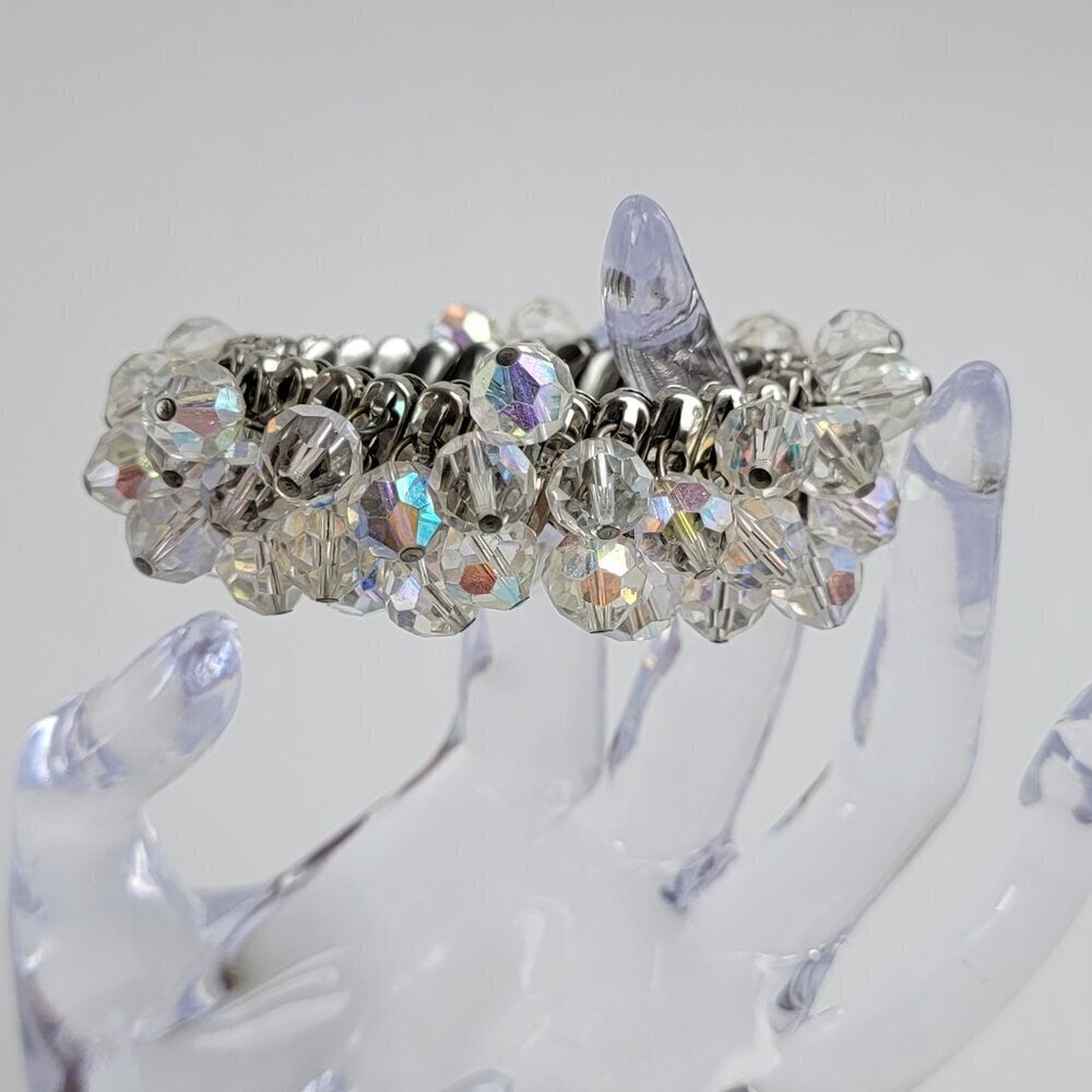 Vtg. Mid Century 50's Silver-Tone Clear Crystal Bead Charm Expandable Bracelet